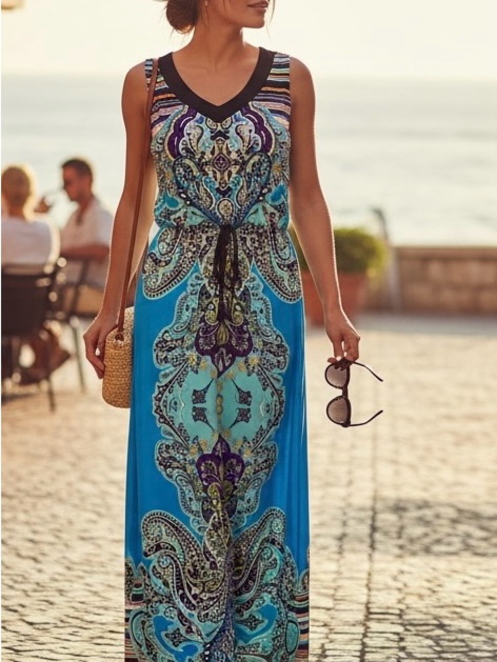 Emma and Michelle Sleeveless Blue Printed Maxi Dress with V-Neck